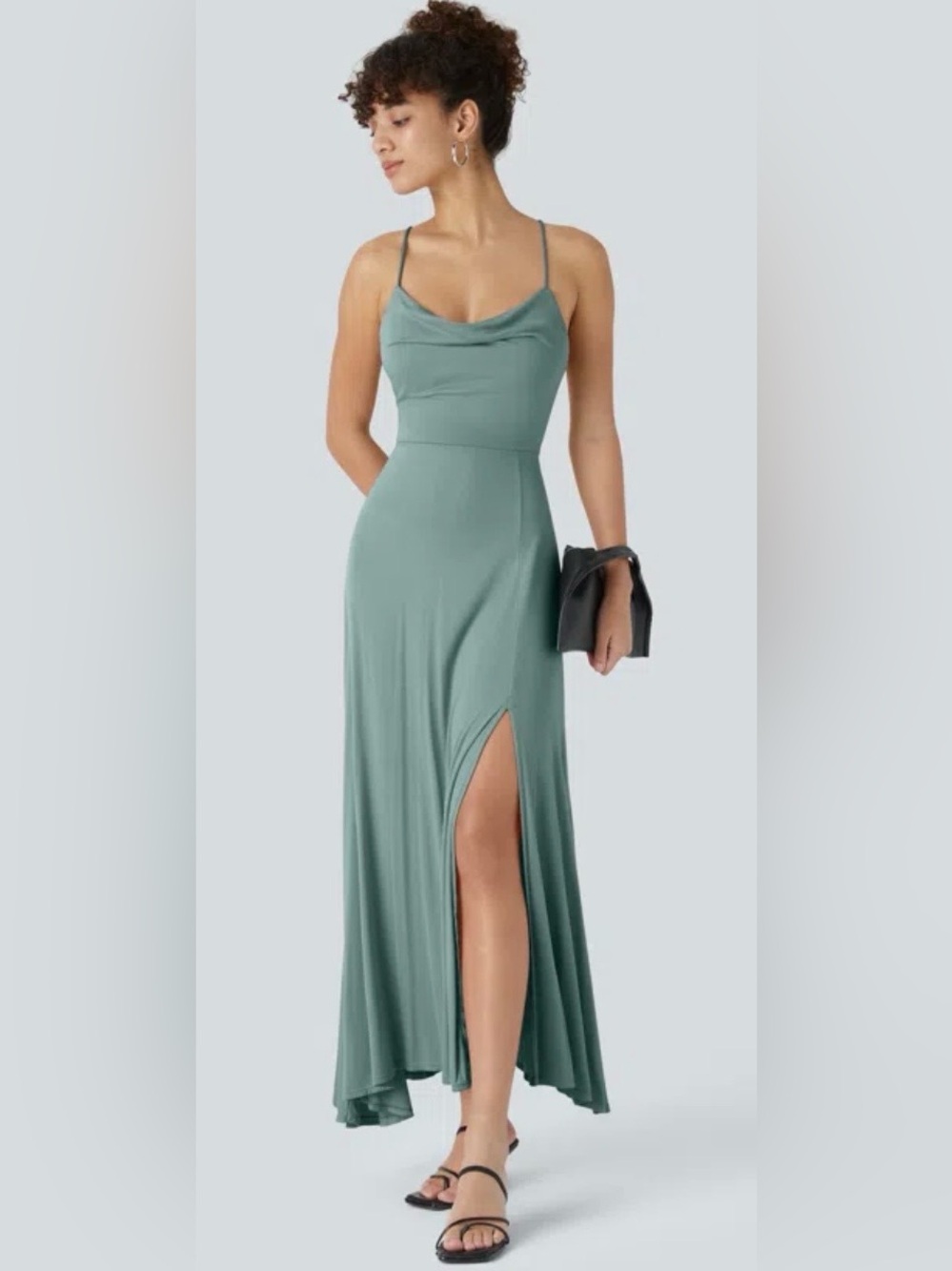 HALARA Sleeveless Cowl Neck Crisscross Back Lace Up Maxi Dress Clear Green S